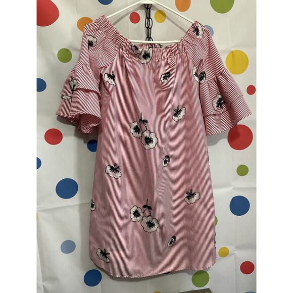 NWOT Ces Femme Size S Off The Shoulder Dress Pinstriped Floral - Picture 13 of 16